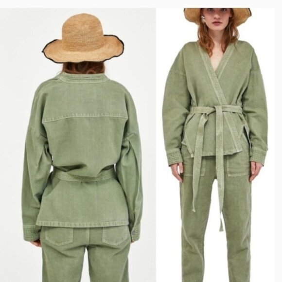 ZARA | Premium Denim Belted Kimono Cotton Linen Wrap Jacket | Sz. XS - Picture 3 of 10